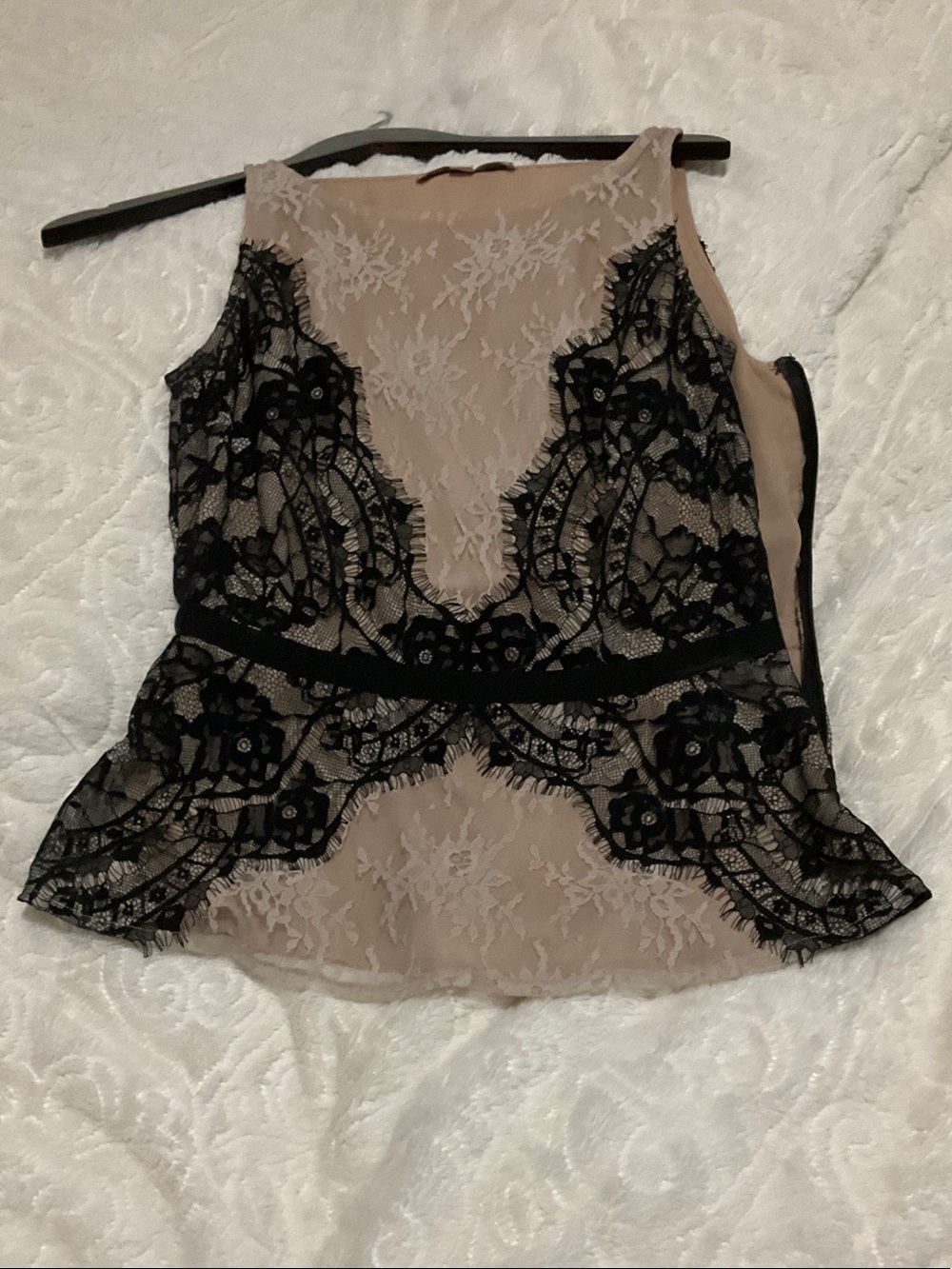 Nude Lace Peplum Tank with Black Appliqué
